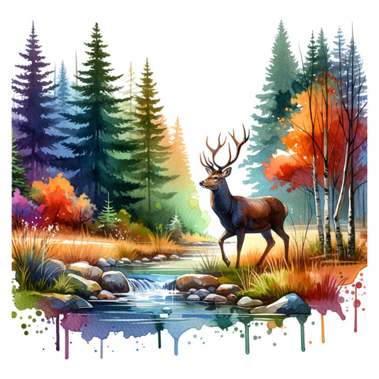 forest green, teal blue, burnt orange, rust red, golden yellow, purple, watercolor, abstract, nature, wildlife, deer, elk, stag, trees, pine trees, coniferous forest, stream, water, rocks, autumn, fall, woodland, rustic, whimsical, landscape, scenic, splatter effect, artistic, bohemian, majestic