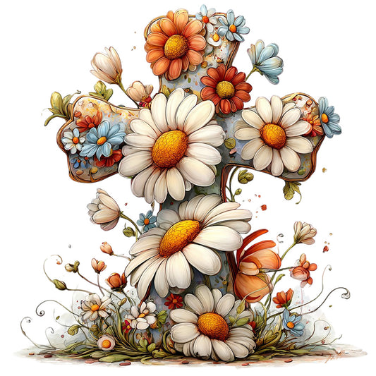 cross design, floral arrangement, daisies, white flowers, orange blooms, blue flowers, yellow centers, green leaves, watercolor style, religious motif, fabric panel, quilting cotton, spring flowers, botanical design, soft pastels, whimsical illustration, mixed florals, cream petals, decorative cross, nature elements