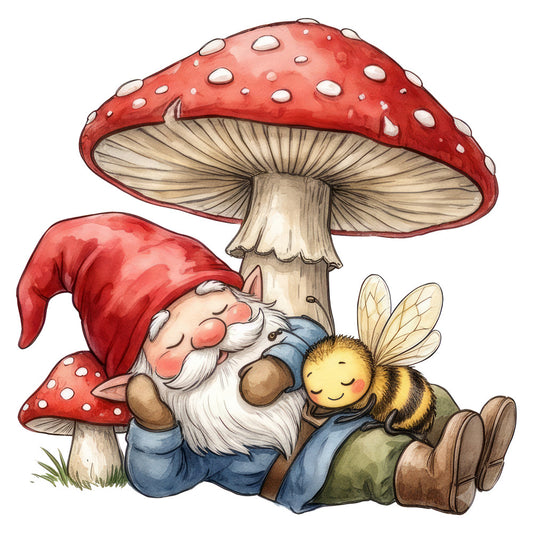 red and white mushroom, garden gnome, bee, whimsical, fairy tale, storybook, children's, woodland, nature, cottage core, red, cream, yellow, gold, blue, brown, tan, forest, fantasy, magical, cute, playful, spring, summer, baby quilt, wall hanging, nursery, kids' room