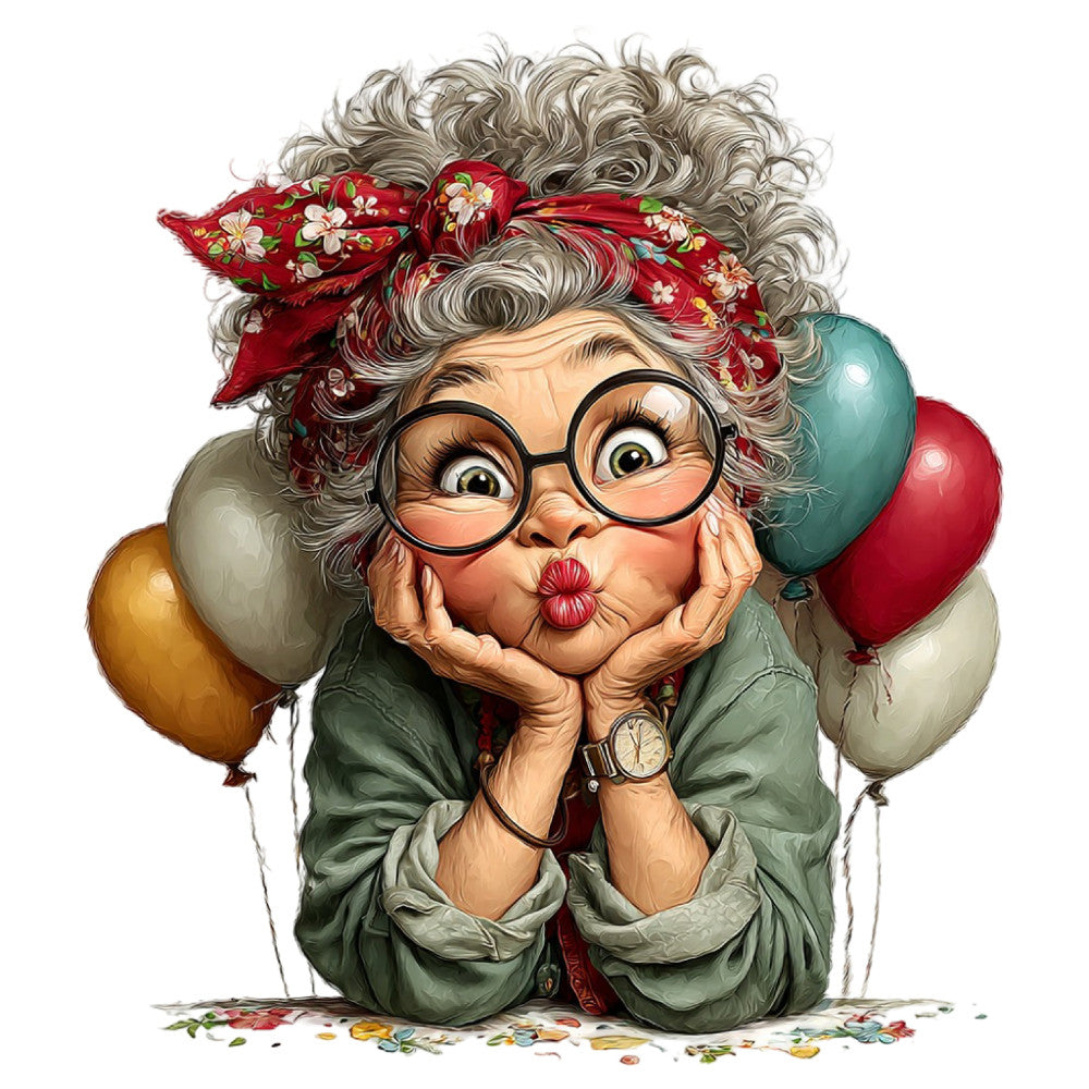 whimsical, grandma, elderly woman, glasses, gray hair, red floral headscarf, balloons, festive, playful, vintage, retro, cheerful, celebration, birthday, colorful balloons, sage green, red accents, cream, gold, folk art, character print, novelty, fun, lighthearted, wall hanging, panel print, spring, summer, decorative