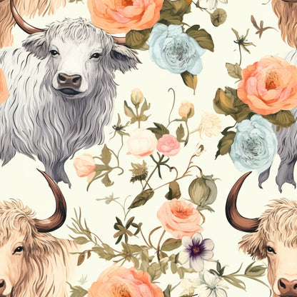 Vintage Highland Cows Pattern 3 Quilting Cotton Fabric