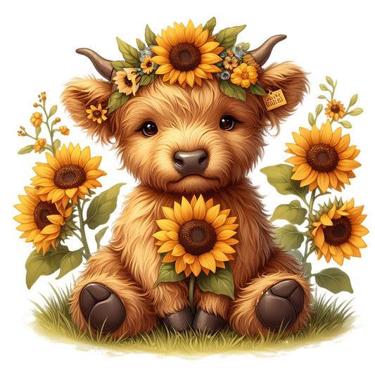 Sunflower Highland Cows Fabric Panel 11 features a cute Highland cow calf surrounded by bright sunflowers on premium quilting cotton.
