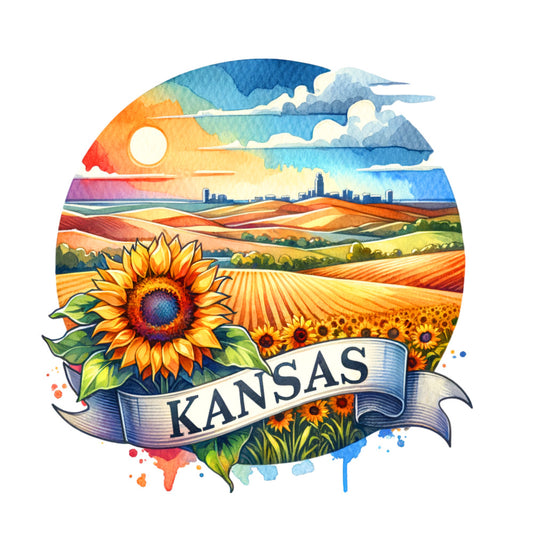 US States Retro Travel Fabric Panel 20 featuring a vibrant Kansas sunflower and scenic farmland, printed on premium quilting cotton.