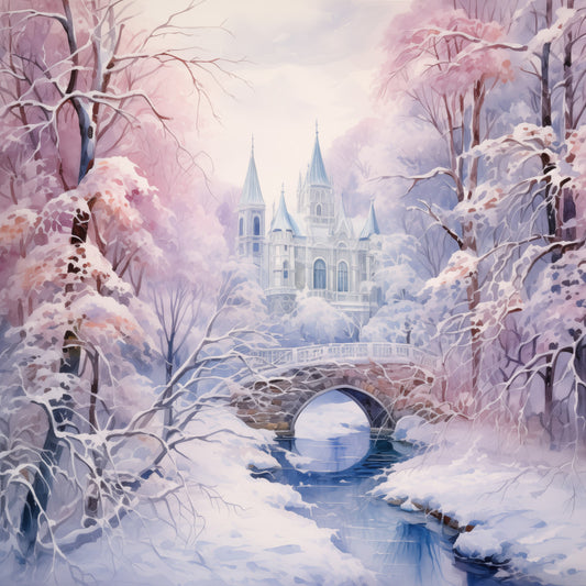 winter castle, snow, frozen landscape, enchanted castle, fairy tale, winter wonderland, icy blue, pale pink, lavender, white snow, frosted trees, bridge, river, fantasy, magical, whimsical, elegant, storybook, princess castle, snow-covered trees, winter scene, dreamy, soft pastels, cold season, holiday, architectural, majestic, wall hanging, quilt panel, decorative
