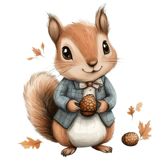 cute squirrel, woodland animals, autumn leaves, fall colors, tan brown, cream white, slate blue, charcoal gray, acorns, oak leaves, whimsical, children's, nursery, baby, woodland creatures, nature themed, seasonal, harvest, forest animals, adorable character, storybook style, vintage inspired, rustic charm, animal characters, dressed squirrel, woodland theme, fall themed, cozy, sweet, illustration style