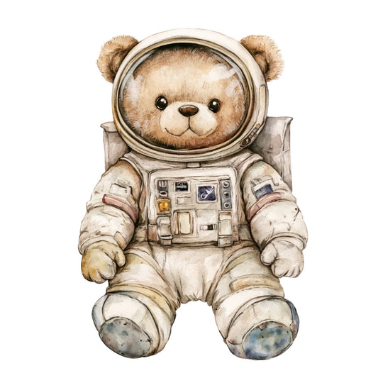 astronaut bear, space exploration, teddy bear, cream, beige, tan, brown, light gray, soft colors, whimsical, cute, children, nursery, baby, vintage, retro, space theme, celestial, animals, character, illustration, storybook, adorable, playful, gender neutral, kid friendly, wall hanging, baby quilt, children's decor, soft illustration style