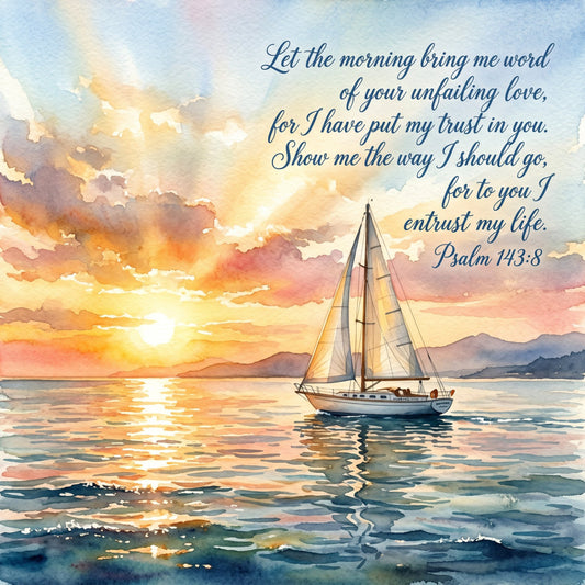nautical, sailboat, ocean, sunset, sunrise, coastal, bible verse, psalm 143:8, inspirational, religious, spiritual, faith, trust, watercolor, sky, clouds, golden yellow, coral orange, soft blue, dusty rose, peaceful, serene, elegant, landscape, seascape, nature, morning, devotional, faith-based, prayer