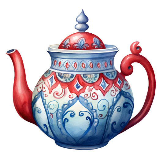 teapot, red and blue, ornamental, decorative, vintage, traditional, whimsical, fleur de lis, scrollwork, damask, elegant, chinoiserie, porcelain, ceramic, tea time, botanical, symmetrical, formal, classic, nostalgic, blue and white, coral red, navy blue, cream, ornate, folk art, cultural, timeless, home décor, table runner
