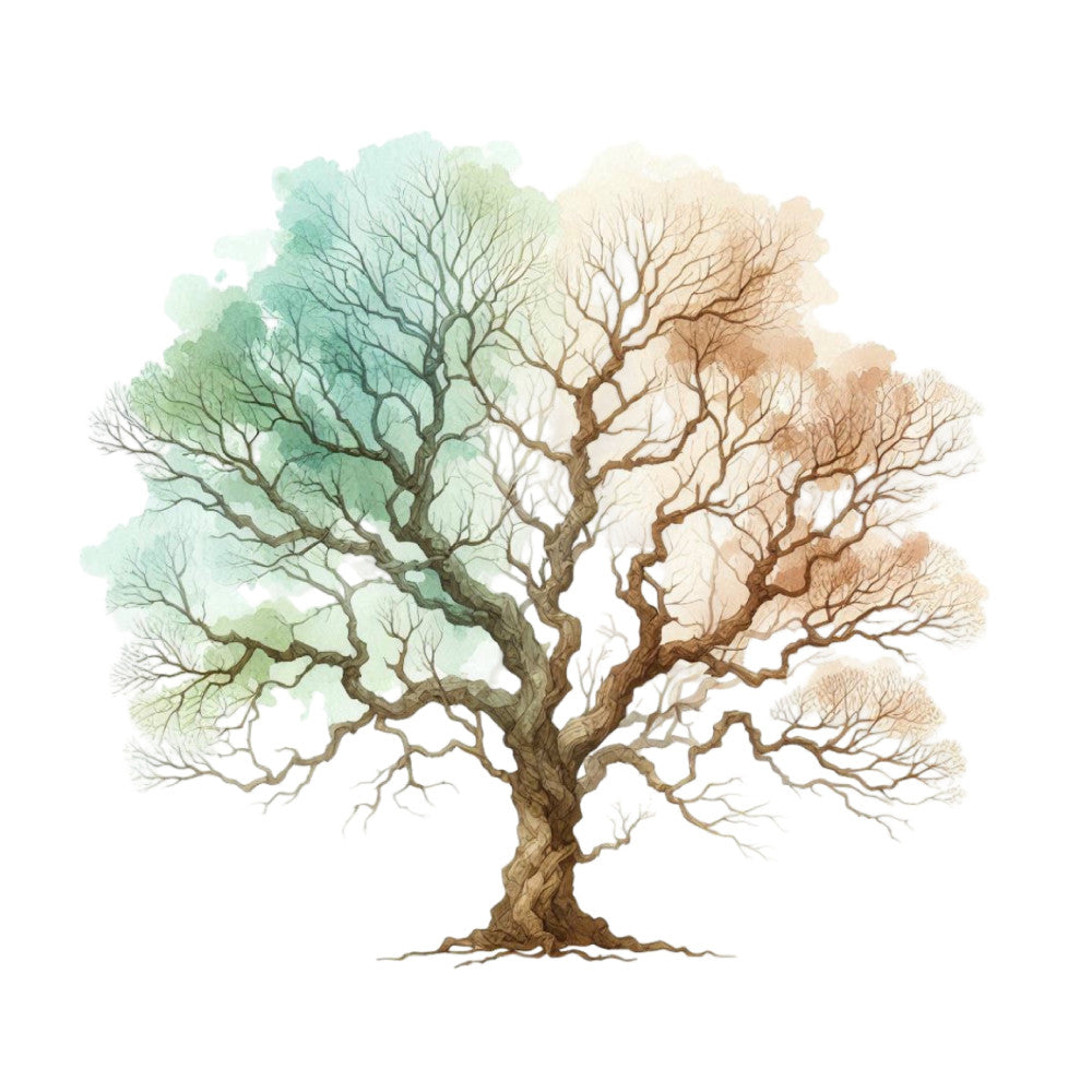 tree of life, watercolor tree, sage green, cream, tan, beige, brown, copper, botanical, nature, peaceful, serene, elegant, artistic, watercolor, ombre, gradient, four seasons, life cycle, spiritual, meditation, healing, zen, rustic, organic, earth tones, neutral palette, large scale, statement print, home decor