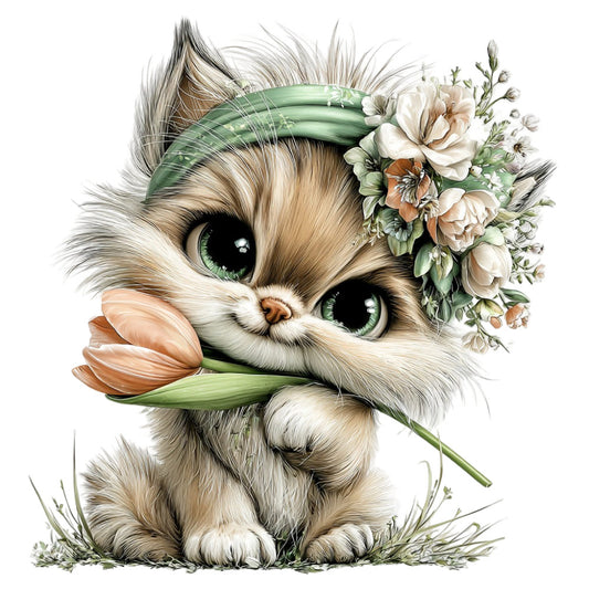 kitten, cat, fluffy, cute animals, whimsical, cream white, soft white, sage green, peach, blush pink, coral pink, tan, beige, floral, roses, peonies, botanical, nature, spring, garden, sweet, adorable, children, baby, playful, gentle, soft colors, feminine, decorative, illustration style