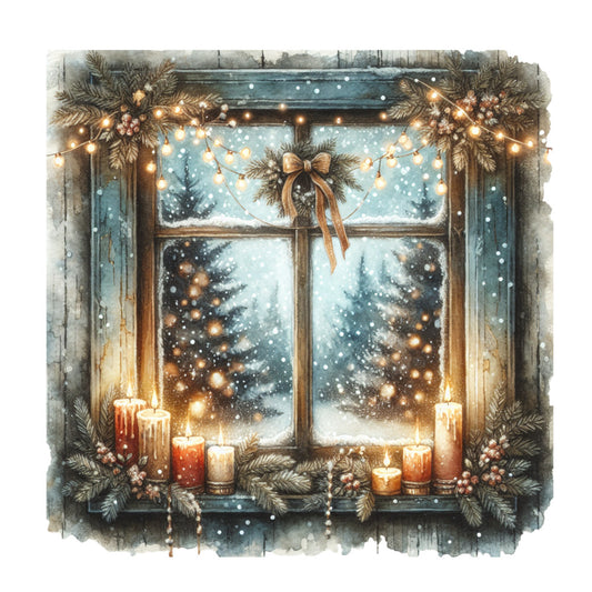 vintage window, christmas scene, winter landscape, evergreen trees, glowing candles, string lights, pine garland, golden bow, snowy night, warm amber lights, cozy atmosphere, fabric panel, quilting cotton, holiday crafting, rustic charm, candlelit windowsill, frosted glass, twinkling snow, festive greenery, winter evening