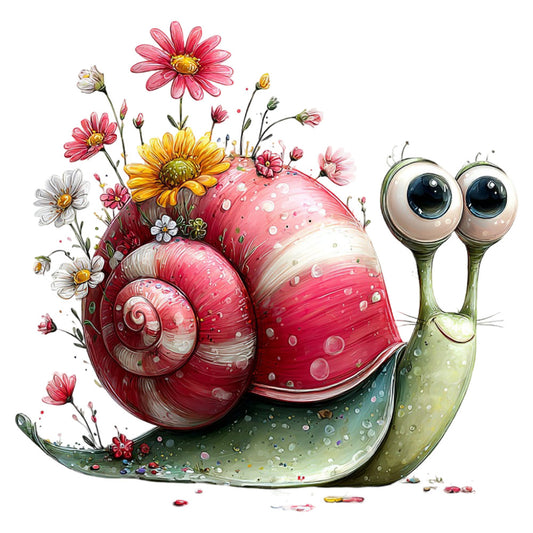 whimsical snail, garden flowers, pink and cream, sage green, coral pink, yellow flowers, nature, floral, whimsical style, children's design, cute animals, spring, summer, daisy flowers, gerbera, large eye details, fantasy, playful, woodland, botanical, soft colors, pastel palette, nursery, children's quilt, decorative panel, charming illustration, storybook style, creature design, flower garden