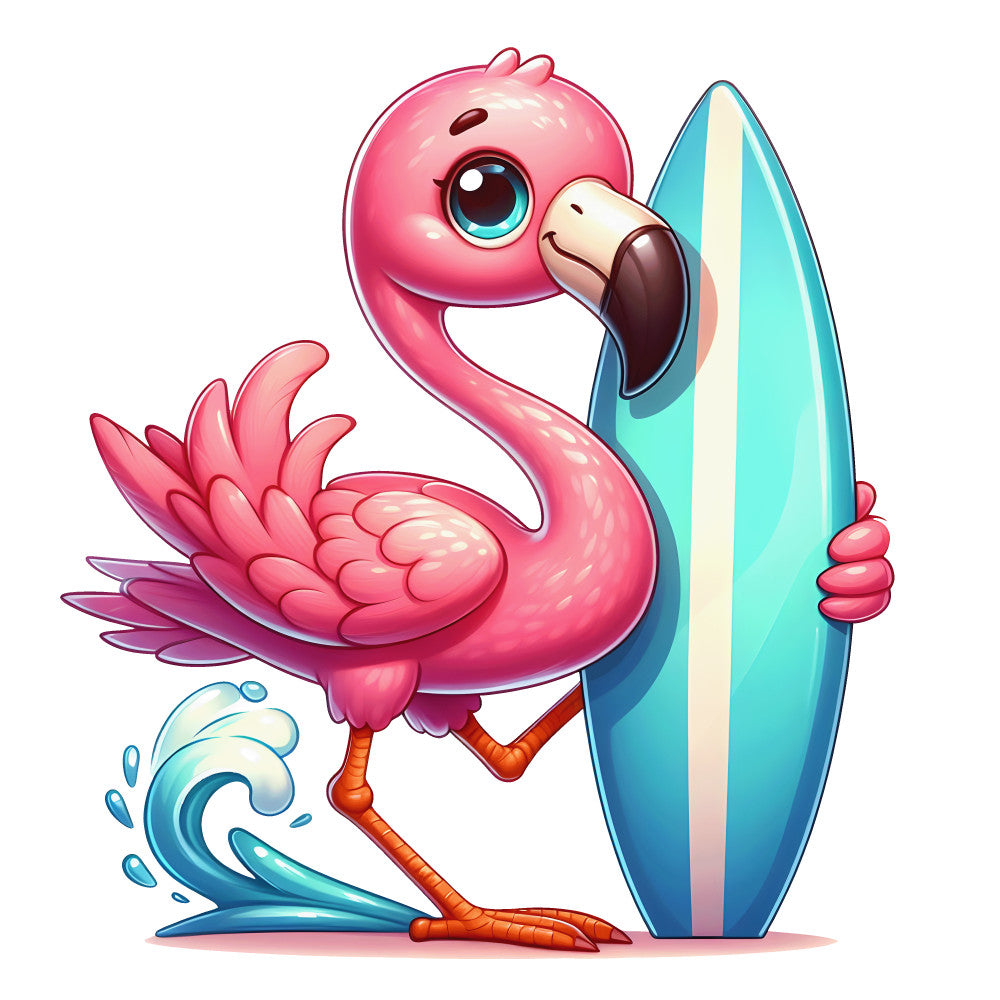 pink flamingo, surfboard, ocean waves, cartoon style, baby bird, turquoise blue, coral pink, tropical theme, beach scene, whimsical design, fabric panel, cute animal, summer vibes, water splash, surfing flamingo, bright colors, kawaii style, nursery fabric, quilting cotton, tropical bird