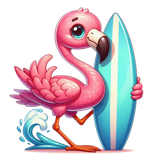 pink flamingo, surfboard, ocean waves, cartoon style, baby bird, turquoise blue, coral pink, tropical theme, beach scene, whimsical design, fabric panel, cute animal, summer vibes, water splash, surfing flamingo, bright colors, kawaii style, nursery fabric, quilting cotton, tropical bird