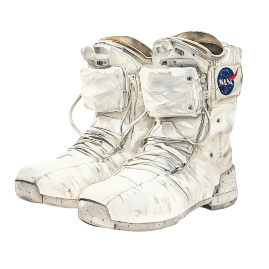 astronaut boots, space exploration, nasa, vintage space, retro astronaut, white, cream, tan, beige, gray, blue, red, space theme, vintage science, mid-century modern, educational, STEM, celestial, space suit, moon landing, historical, nostalgic, wall hanging, home decor, novelty print, americana, 1960s, apollo mission, science education
