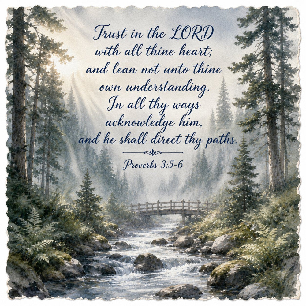 forest green, sage green, cream, beige, tan, misty gray, blue-gray, nature, forest, trees, woodland, stream, river, bridge, inspirational, scripture, religious, faith, spiritual, proverbs, bible verse, landscape, scenic, peaceful, calming, traditional, elegant, rustic, botanical, ferns