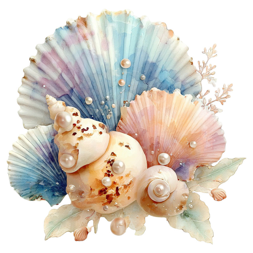 seashells, pearls, coastal, nautical, ocean, watercolor, blue, pink, coral, peach, cream, ivory, beige, pastel, soft colors, shells, marine life, beach, seaside, elegant, whimsical, botanical, leaves, delicate, spring, summer, romantic, dreamy, nature-inspired, decorative panel