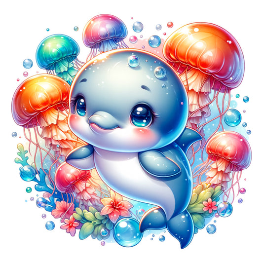 watercolor, cute dolphin, jellyfish, underwater scene, ocean creatures, coral flowers, bubbles, aqua blue, orange, pink, purple, turquoise, fabric panel, marine life, kawaii style, whimsical, sea animals, tropical colors, quilting cotton, children's fabric