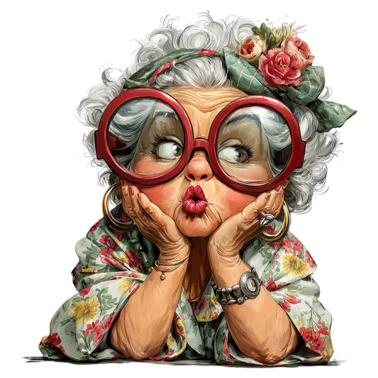 gray hair, red glasses, floral print, vintage style, whimsical, character illustration, bold red, sage green, coral pink, rose flowers, sunflowers, grandmother, retro fashion, playful, fun print, colorful florals, classic style, elegant, spring, summer, cheerful, quirky, novelty print, portrait panel, decorative, statement piece, nostalgic, folk art inspired