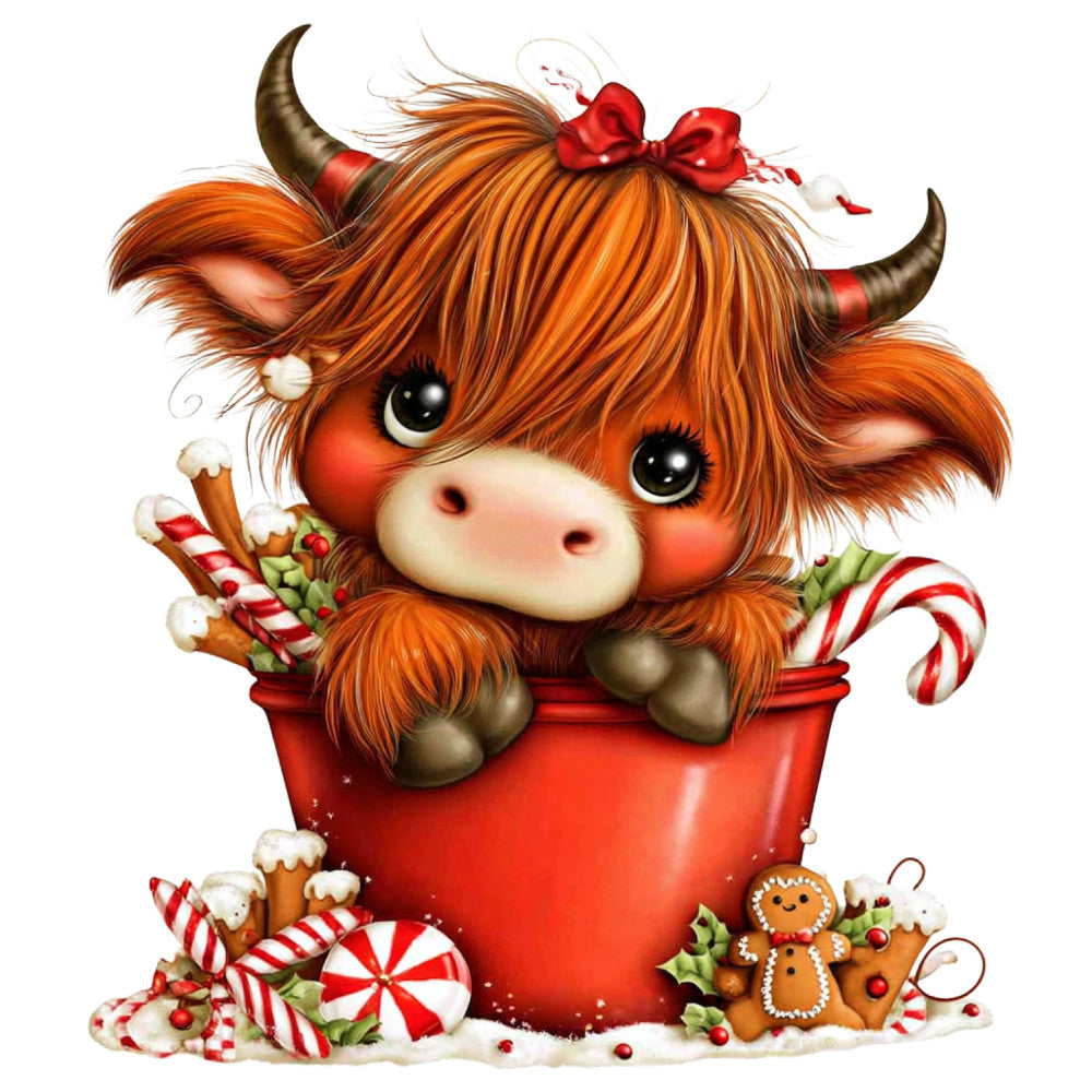 orange, red, cream, burnt orange, candy cane, peppermint, holiday, christmas, festive, whimsical, cute, adorable, highland cattle, cow, animal, seasonal, winter, christmas decorations, gingerbread, candy, sweet treats, playful, charming, cheerful, red and white striped, bow, rustic farmhouse