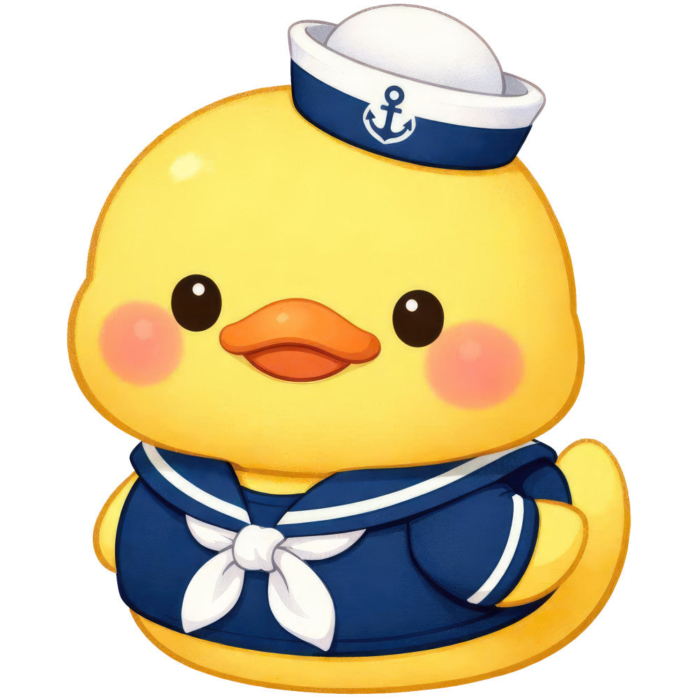 yellow, navy blue, white, orange, coral pink, cute, nautical, sailor, duck, chick, bird, anchor, sailor hat, whimsical, children, baby, playful, cheerful, animal, summer, spring, kawaii, cartoon, character, fun, gender neutral, nursery, baby quilt, wall hanging, striped trim
