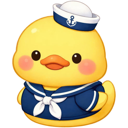 yellow, navy blue, white, orange, coral pink, cute, nautical, sailor, duck, chick, bird, anchor, sailor hat, whimsical, children, baby, playful, cheerful, animal, summer, spring, kawaii, cartoon, character, fun, gender neutral, nursery, baby quilt, wall hanging, striped trim