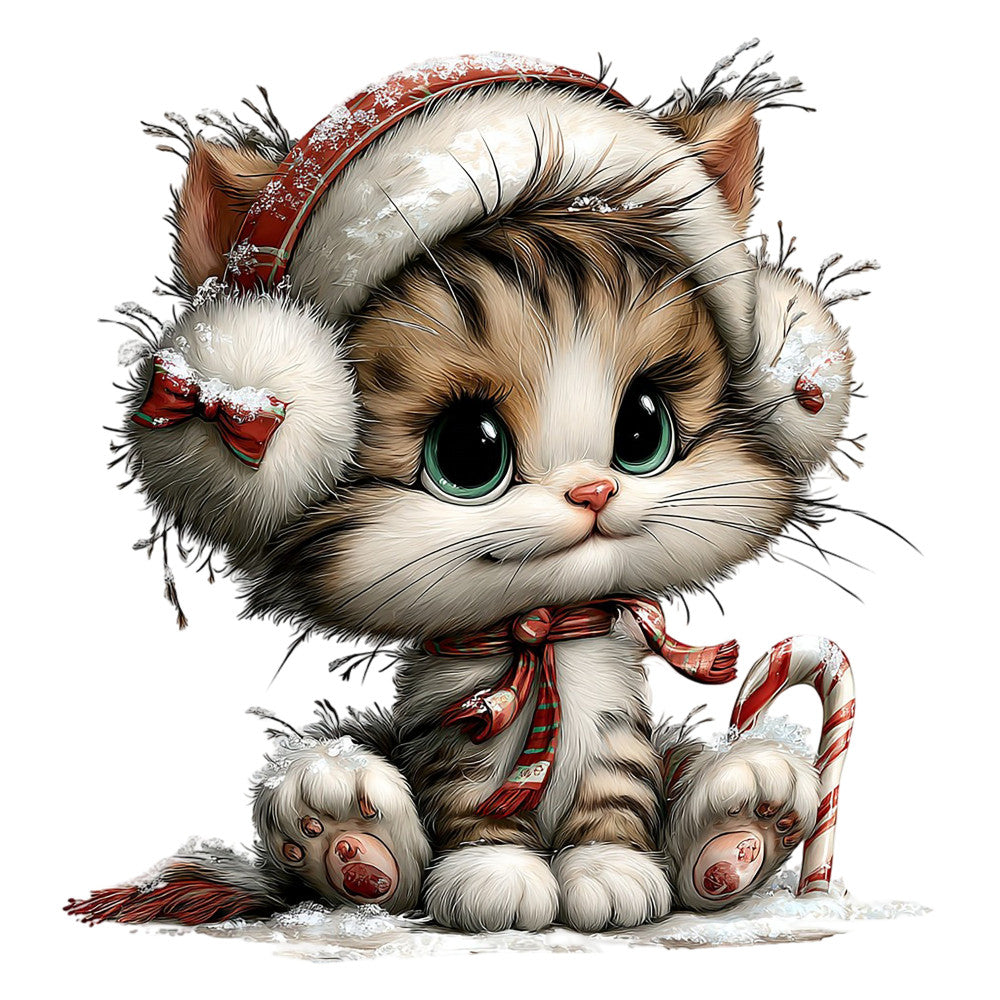 cute kitten, christmas cat, holiday animal, festive feline, red and white, cream colored, winter theme, candy cane, bow tie, fluffy cat, whimsical style, children's design, baby nursery, snow embellished, green eyes, tabby and white, striped scarf, jolly christmas, seasonal holiday, playful character, cute face, decorative cat, vintage inspired, ragdoll cat, festive bow, holiday decoration, winter wonderland, christmas panel, sweet kitten illustration