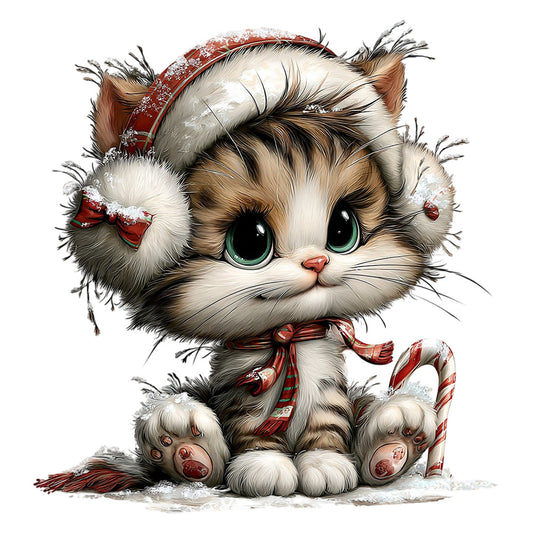 cute kitten, christmas cat, holiday animal, festive feline, red and white, cream colored, winter theme, candy cane, bow tie, fluffy cat, whimsical style, children's design, baby nursery, snow embellished, green eyes, tabby and white, striped scarf, jolly christmas, seasonal holiday, playful character, cute face, decorative cat, vintage inspired, ragdoll cat, festive bow, holiday decoration, winter wonderland, christmas panel, sweet kitten illustration