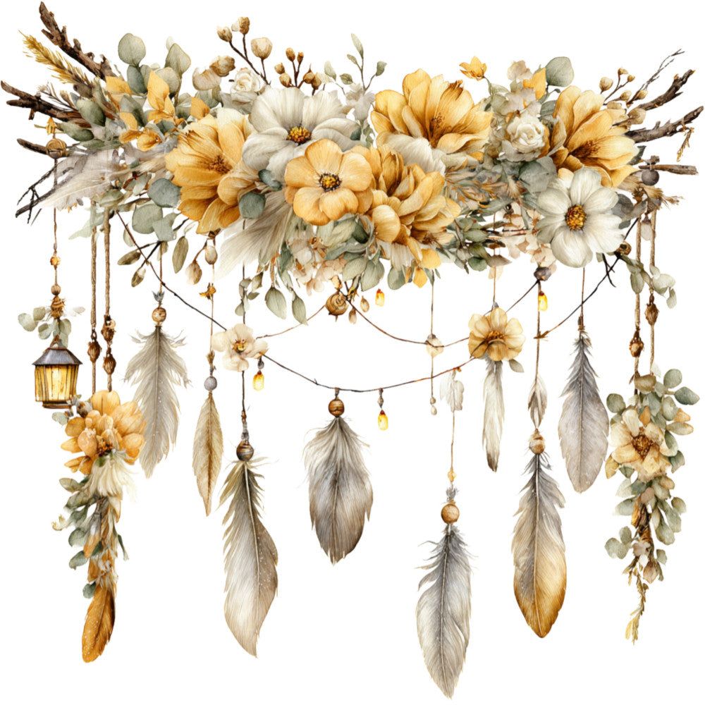 cream floral, golden yellow, sage green, dusty taupe, boho chic, bohemian, vintage, rustic, dreamcatcher, feathers, hanging flowers, botanical, nature, autumn, fall, dried flowers, romantic, whimsical, elegant, celestial, lantern, beads, dangles, floral arrangement, neutral tones, earthy, cottage core, home décor, wall hanging, celestial botanicals