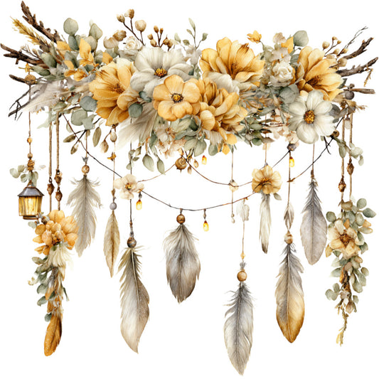 cream floral, golden yellow, sage green, dusty taupe, boho chic, bohemian, vintage, rustic, dreamcatcher, feathers, hanging flowers, botanical, nature, autumn, fall, dried flowers, romantic, whimsical, elegant, celestial, lantern, beads, dangles, floral arrangement, neutral tones, earthy, cottage core, home décor, wall hanging, celestial botanicals