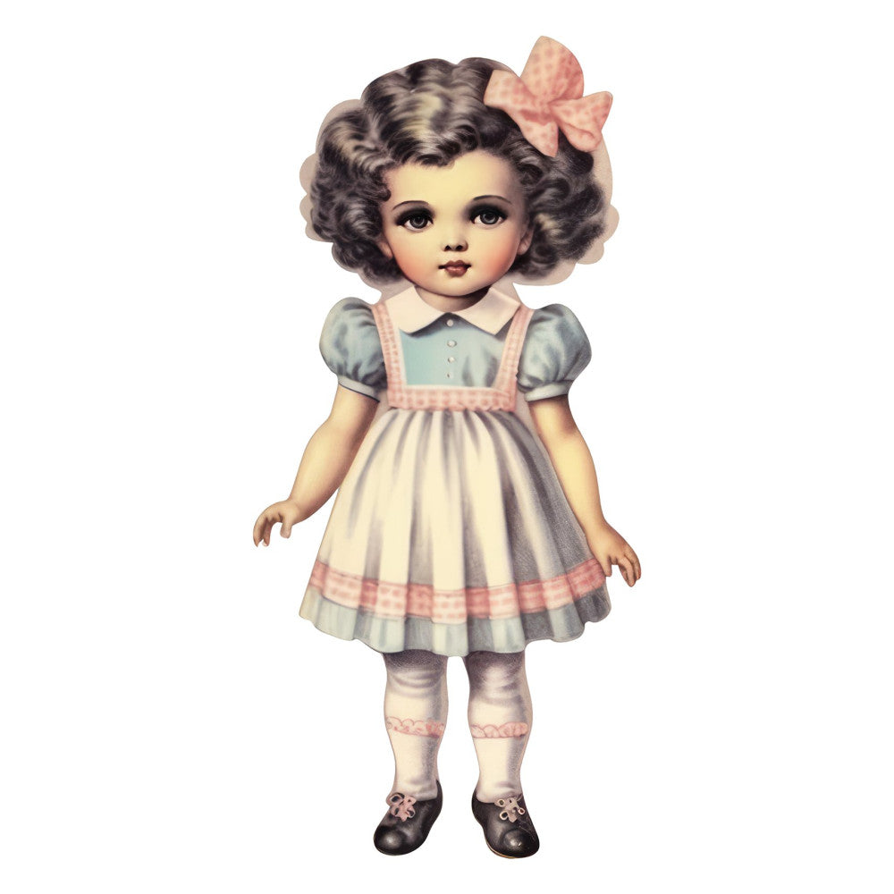 vintage doll, retro children, pastel pink, soft blue, cream, gray, pale yellow, doll face, classic girl, nostalgic, whimsical, sweet, charming, traditional, 1940s, 1950s, pink bow, puffed sleeves, mary jane shoes, children's theme, nursery, baby girl, portrait panel, collectible doll, storybook, innocent, delicate, embellished dress