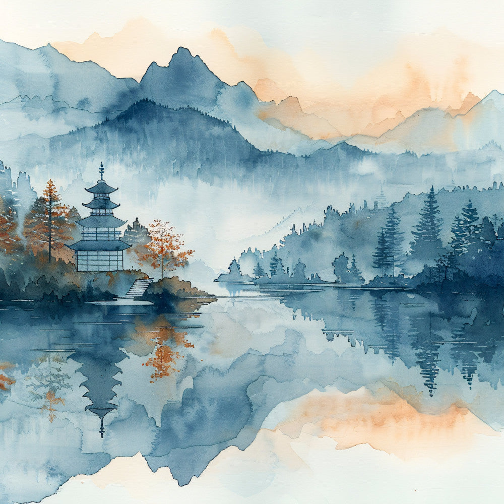 watercolor, landscape, mountains, pagoda, asian inspired, nature, misty, foggy, serene, peaceful, water reflection, lake, forest, trees, autumn, fall, soft blue, dusty blue, navy blue, cream, beige, peach, orange accent, traditional, elegant, zen, contemplative, scenic, oriental, scenic landscape