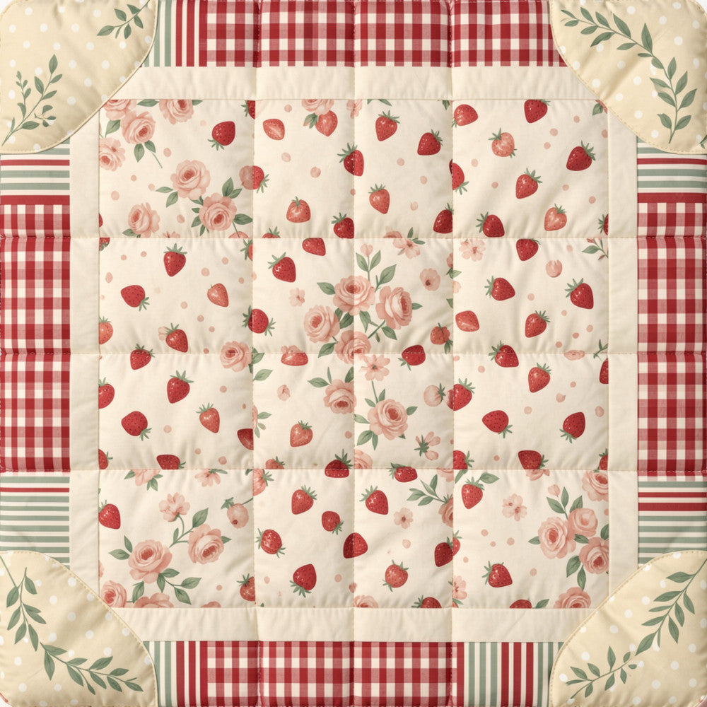 strawberry, rose, floral, gingham, plaid, striped, cream, red, dusty rose, blush pink, green, farmhouse, vintage, cottage core, country, romantic, spring, summer, fruit, botanical, traditional, classic, patchwork, border print, calico, multi-pattern, nature-inspired, rustic, elegant, quilt block