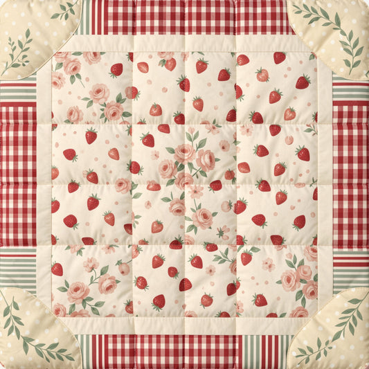 strawberry, rose, floral, gingham, plaid, striped, cream, red, dusty rose, blush pink, green, farmhouse, vintage, cottage core, country, romantic, spring, summer, fruit, botanical, traditional, classic, patchwork, border print, calico, multi-pattern, nature-inspired, rustic, elegant, quilt block