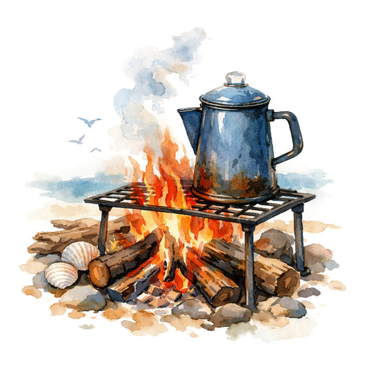 campfire, camping, outdoor, bonfire, kettle, coffee pot, blue kettle, navy blue, cream, orange flames, red flames, yellow flames, rustic, vintage, cozy, watercolor, scenic, nature, adventure, outdoor cooking, campground, woodland, camping trip, fire pit, gathering, warm tones, earthy tones, beige, tan, brown