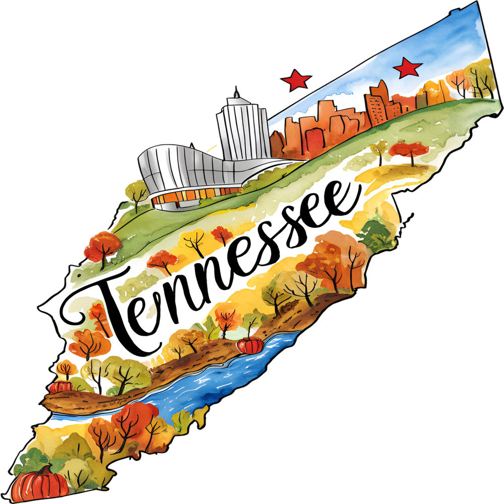 Classic US States Fabric Panel 5 featuring a colorful Tennessee map with autumn scenery and city skyline, premium quilting cotton print.