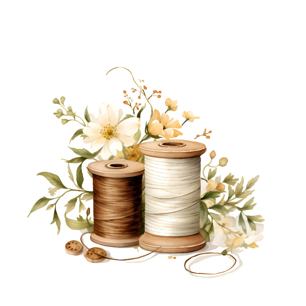 cream, beige, tan, brown, golden yellow, soft white, vintage, rustic, farmhouse, floral, botanical, nature, sewing threads, spools, flowers, wildflowers, delicate, elegant, cottage core, spring, embroidery, crafting, handmade, traditional, warm neutral tones, botanical illustration, garden, feminine, peaceful, timeless