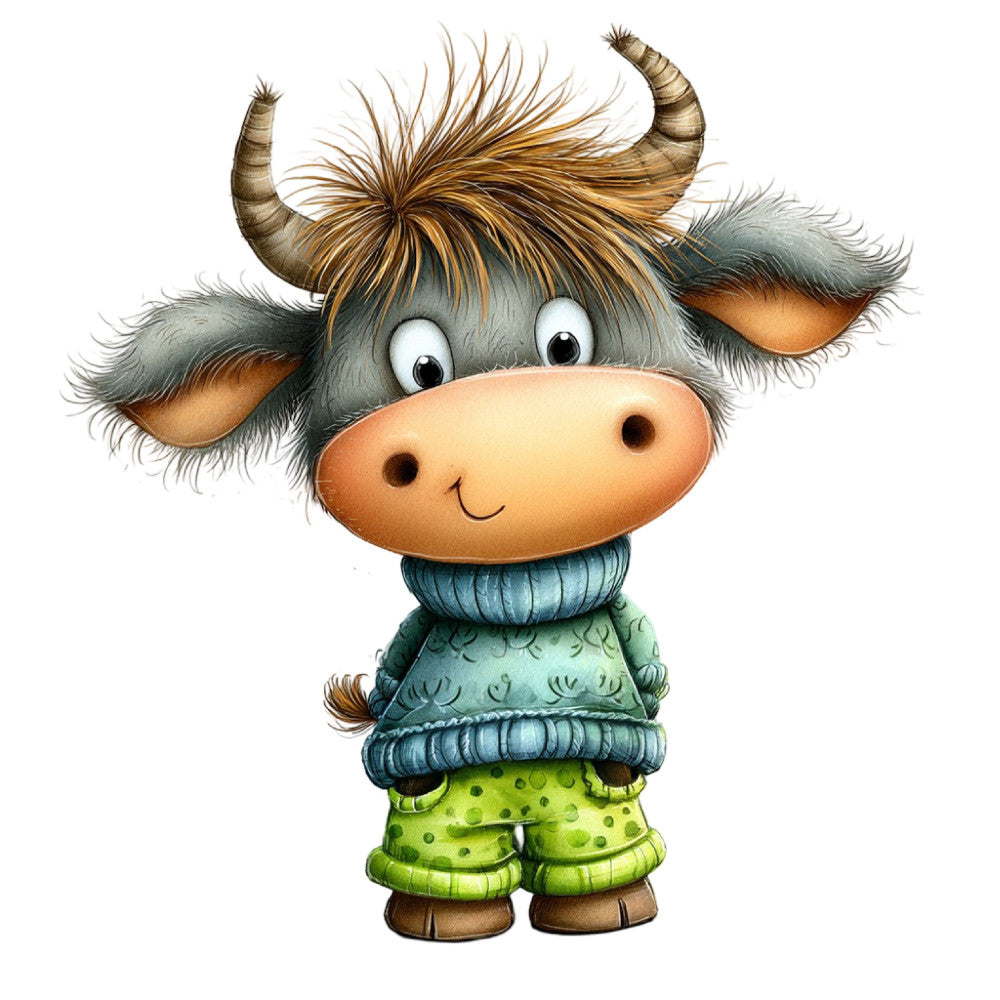 cute bull character, whimsical animal, children's fabric, farm animal, horned cow, character panel, sage green, forest green, lime green, tan brown, gray blue, ochre yellow, playful style, cute face, smiling expression, kid's quilt, children's clothing, nursery fabric, storybook illustration, woodland theme, farmyard, animal motif, friendly character, illustrated design, cartoon style, baby fabric, toddler themed, gentle colors, nature inspired, pastoral theme