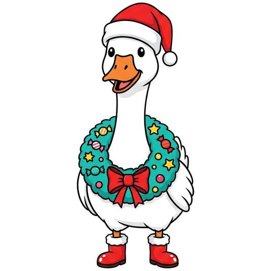 christmas goose, holiday duck, festive poultry, santa hat, red and white, turquoise green, teal, orange beak, christmas wreath, candy ornaments, gold stars, red bow, red boots, whimsical animal, christmas theme, winter holiday, festive bird, seasonal decoration, cute character, playful style, children's holiday, christmas panel, ornament design, holiday bird, jolly goose, christmas decoration, red and green, metallic gold accents, cheerful theme