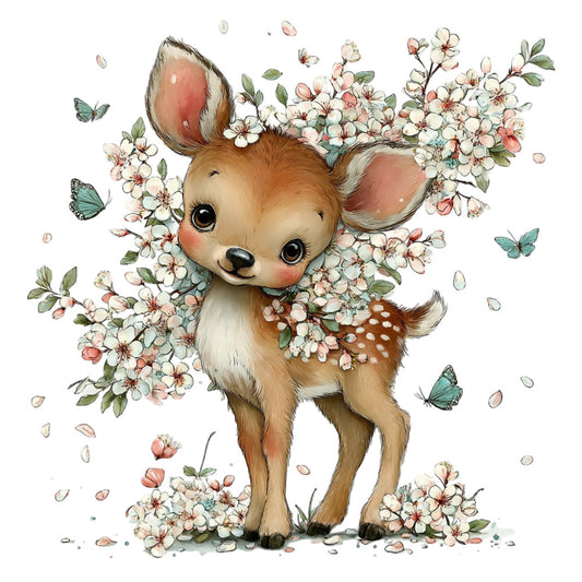 fawn, deer, floral, spring, baby, woodland, animals, nature, butterflies, blossoms, cherry blossom, pastel, cream, soft pink, coral pink, sage green, mint green, tan, brown, whimsical, sweet, gentle, nursery, children's, adorable, cute, vintage, romantic, soft, delicate