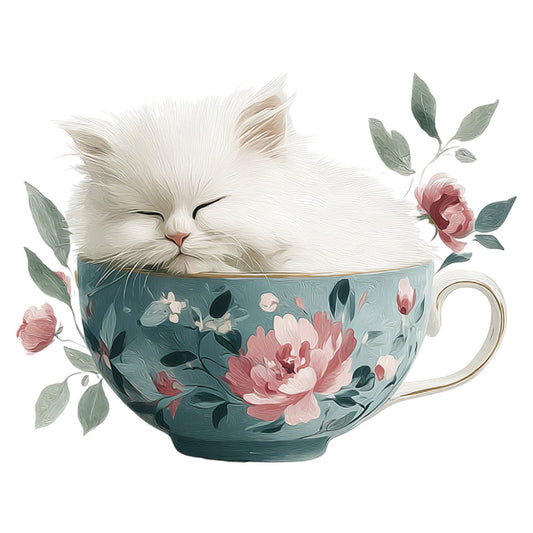 white cat, teacup, floral, roses, pink roses, dusty rose, sage green, teal blue, botanical, whimsical, elegant, vintage, nature, animals, cats, spring, summer, tea time, garden theme, leaves, greenery, romantic, cottage core, soft colors, pastel, traditional, decorative, illustrated, charming