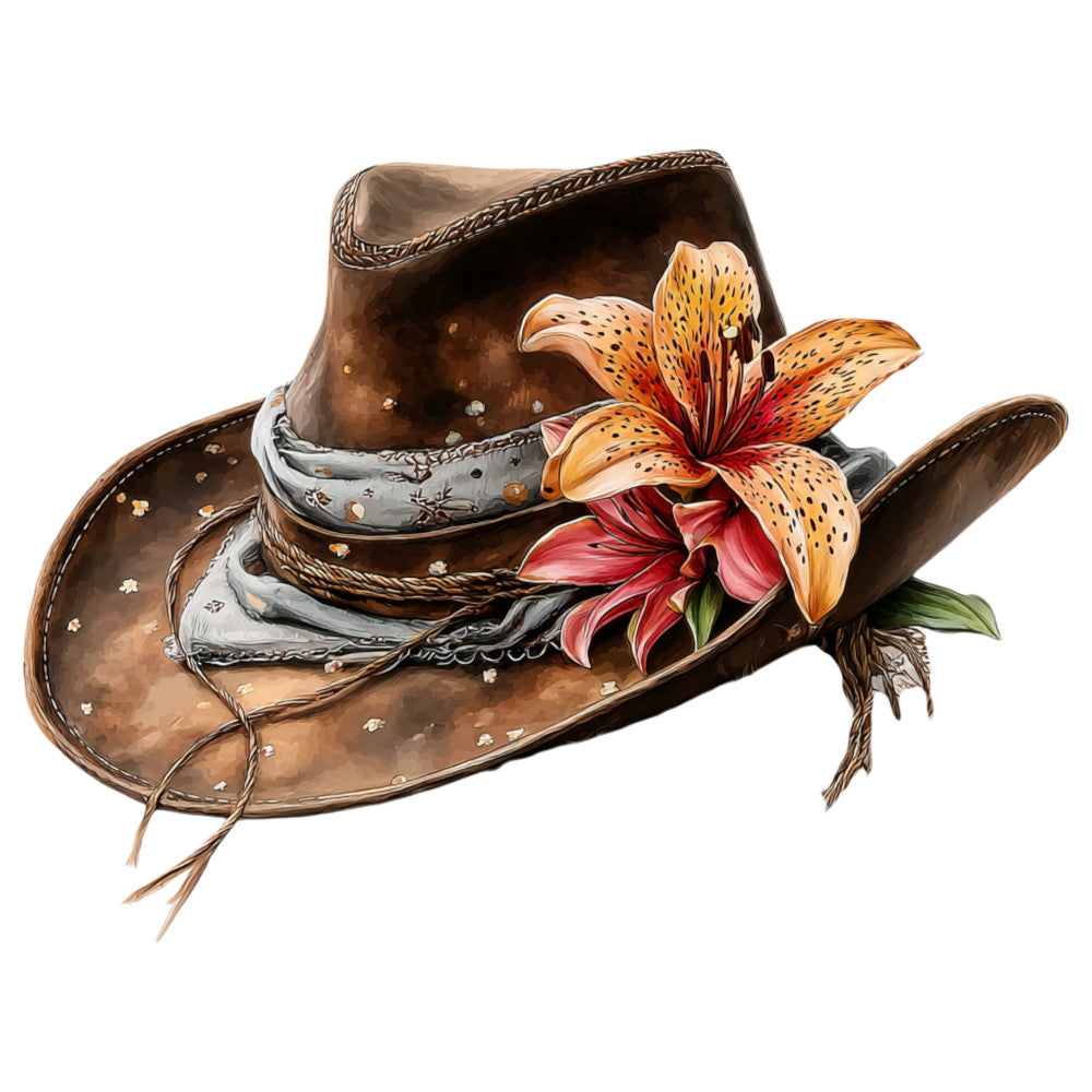 cowboy hat, western, rustic, floral, lily flowers, orange lily, coral pink, burnt orange, brown leather, tan, cream, wildflowers, nature, boho, bohemian, country, farmhouse, vintage, botanical, spring flowers, summer florals, decorative, elegant, rustic elegance, bandana, rope detail, studs, western theme, farmhouse style, wildflower bouquet