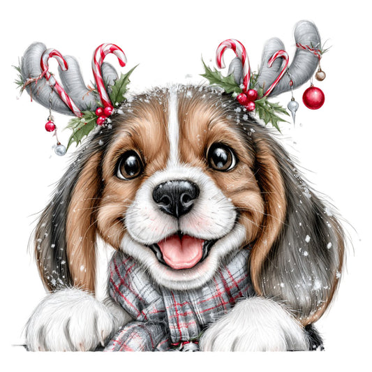 holiday, christmas, dog, spaniel, festive, candy cane, red and white, cream, tan, brown, white, plaid, tartan, evergreen, holly, berries, ornaments, baubles, whimsical, cute, cheerful, december, winter, seasonal, animal lover, pet themed, children's, playful, decorative panel, greeting card