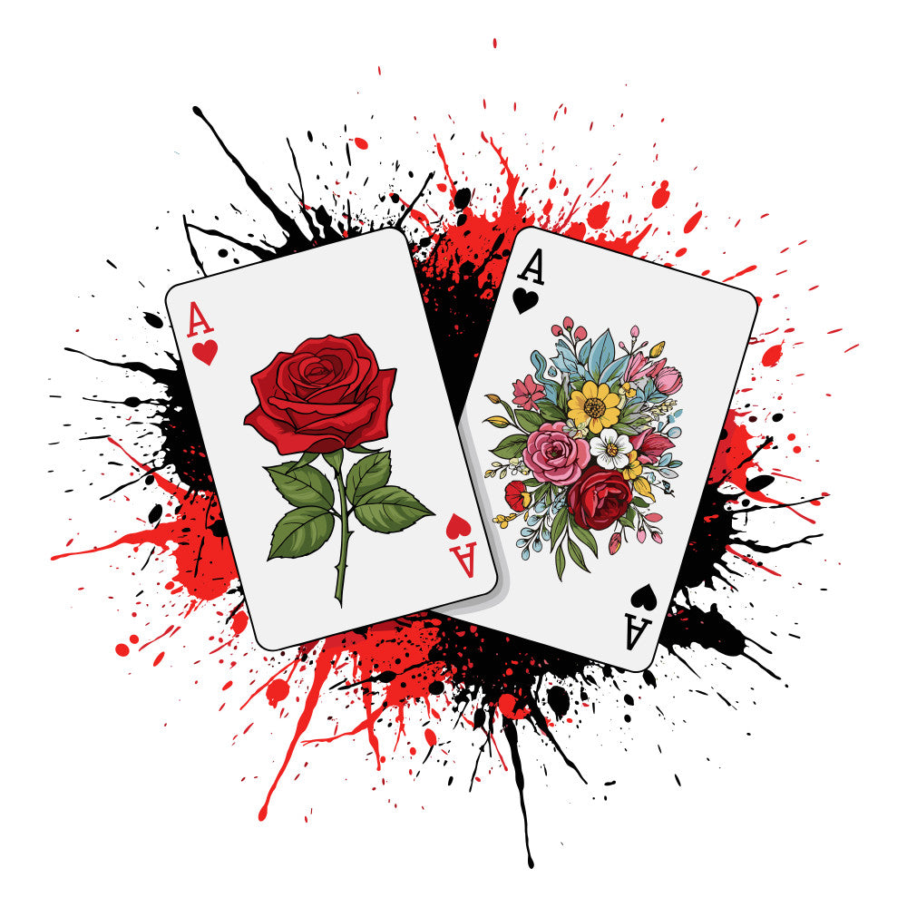 playing cards, ace of hearts, ace of spades, red rose, floral bouquet, paint splatter, black ink, red splashes, white background, gaming theme, card motifs, botanical illustration, grunge art, artistic design, fabric panel, quilting cotton, gambling motif, flower artwork, mixed media style, contemporary art