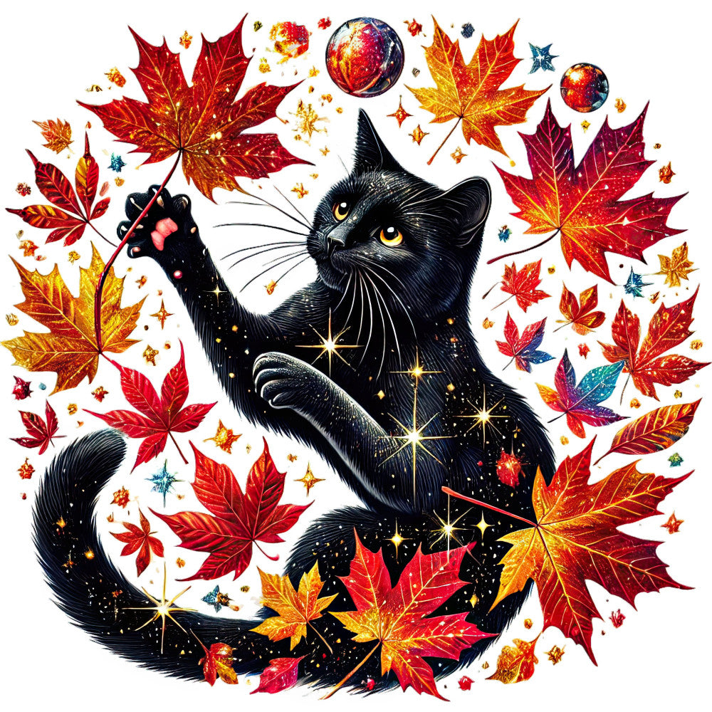 black cat, autumn leaves, fall, maple leaves, golden yellow, burnt orange, deep red, celestial, stars, sparkles, whimsical, magical, nature, animals, cat lover, halloween, seasonal, harvest, woodland, enchanted, mystical, ornaments, planets, fantasy, dark background, vibrant colors, hand painted style, decorative panel, wall art, home decor