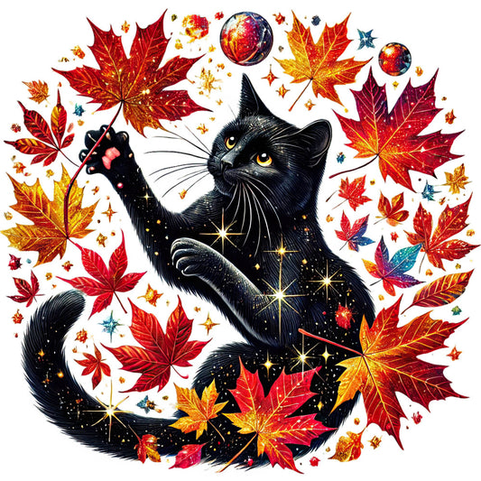 black cat, autumn leaves, fall, maple leaves, golden yellow, burnt orange, deep red, celestial, stars, sparkles, whimsical, magical, nature, animals, cat lover, halloween, seasonal, harvest, woodland, enchanted, mystical, ornaments, planets, fantasy, dark background, vibrant colors, hand painted style, decorative panel, wall art, home decor