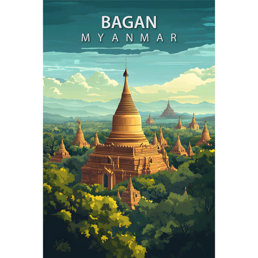 teal, turquoise, golden brown, green foliage, travel poster, myanmar temple, pagoda architecture, landscape scene, vintage illustration style, fabric panel, quilting cotton, mountain backdrop, tropical vegetation, buddhist temple, serene atmosphere, artistic rendering, destination theme, cultural landmark, scenic vista, temple spires
