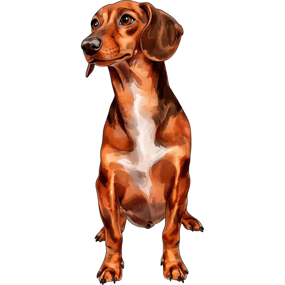 dachshund, dog, brown, tan, rust, chocolate brown, cream white, animal portrait, pet lover, realistic illustration, whimsical, playful, cute, puppy, hound, wiener dog, standing dog, adorable, pet themed, animal motif, companion animal, dog breed, sitting position, expressive eyes, tongue out, cheerful, modern illustration, pet panel, dog lover gift