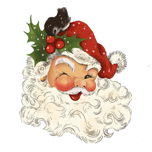 vintage santa, christmas panel, red santa hat, white beard, rosy cheeks, holly leaves, red berries, black bird, winter scene, quilting fabric, festive design, holiday motif, cream background, cheerful expression, seasonal panel, cotton fabric, christmas crafting, retro illustration, winter colors, jolly santa