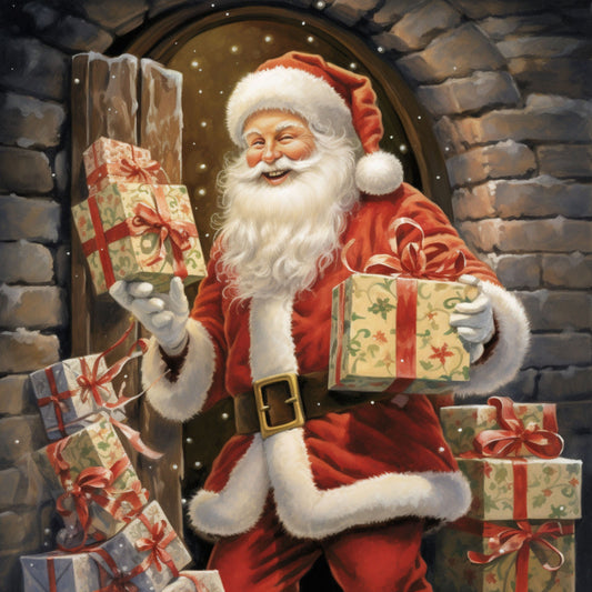 red, white, gold, brown, gray, santa claus, christmas gifts, wrapped presents, red ribbons, snowflakes, stone archway, jolly expression, white beard, santa hat, red suit, winter scene, fabric panel, quilting cotton, festive, holiday theme, christmas fabric